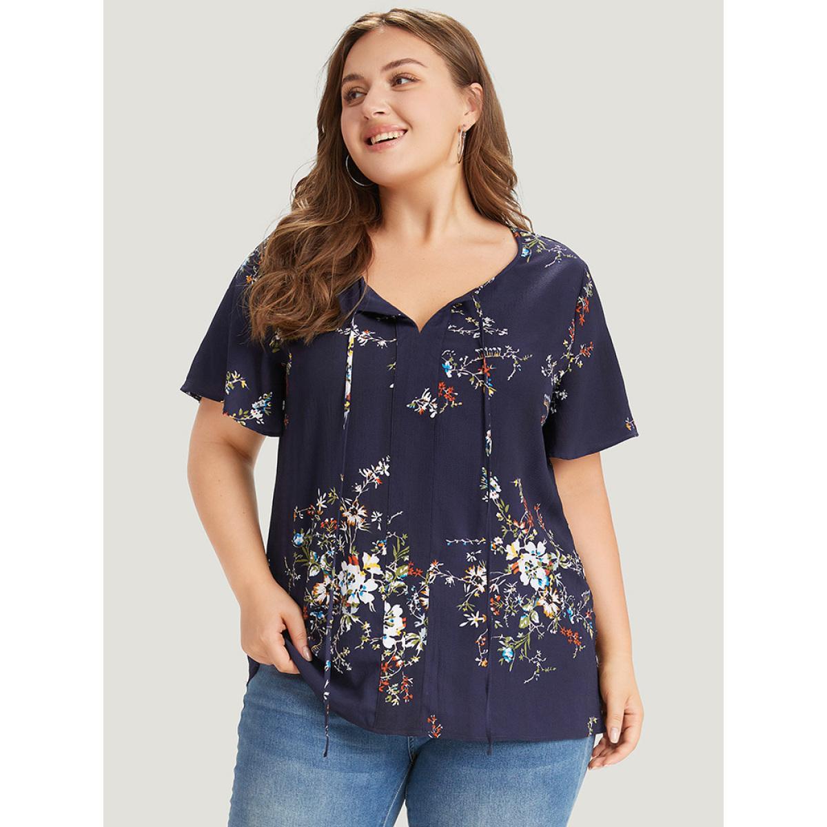 Plus Size Blue Floral Print Knot Neck Blouse Women Elegant Short sleeve Tie Neck Dailywear Blouses BloomChic 22-24/3X Product Image