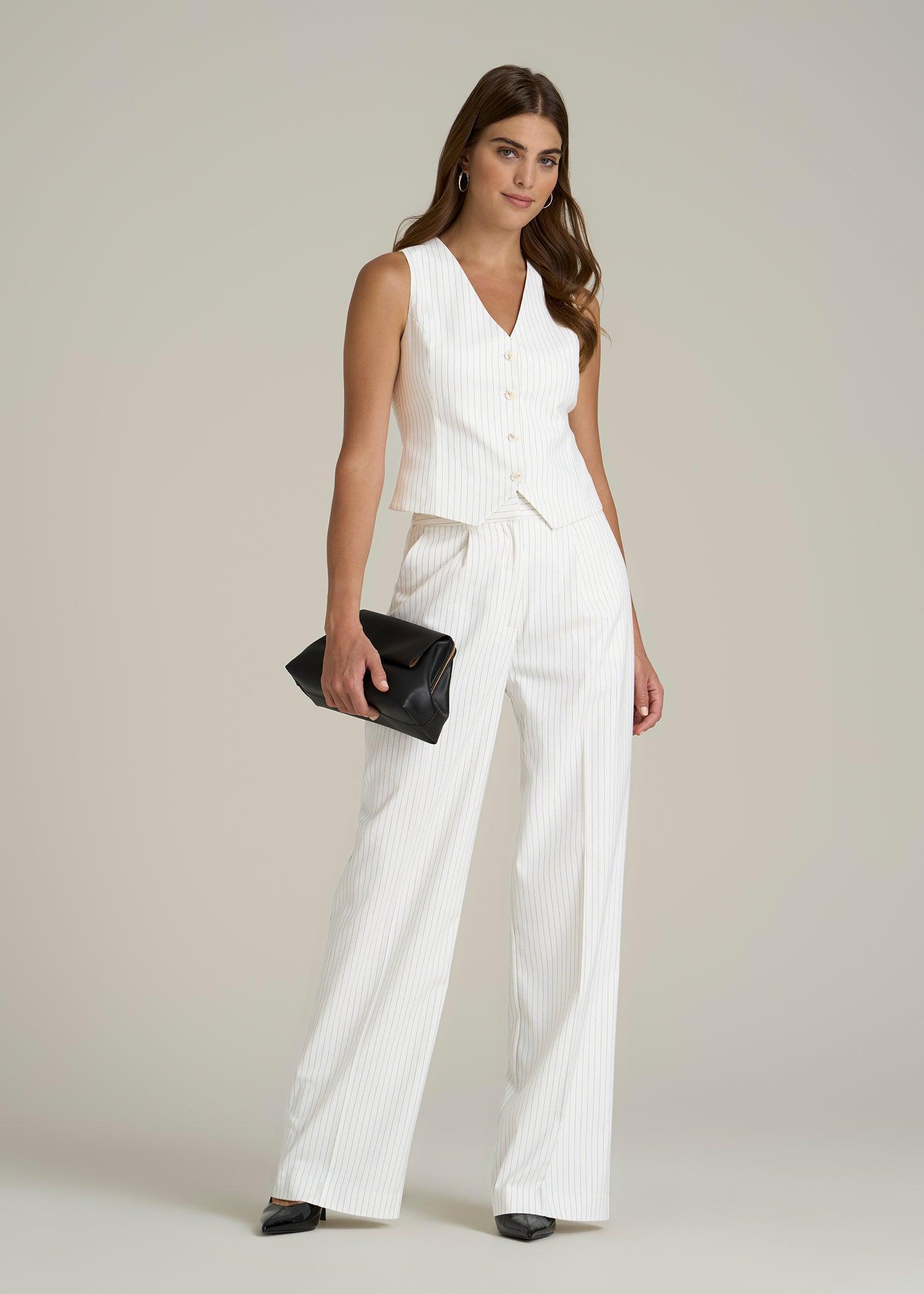 High-Rise Wide-Leg Pleated Dress Pants for Tall Women in Off White Pinstripe Product Image