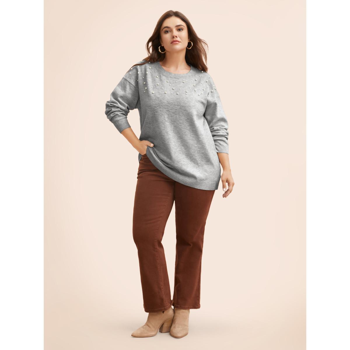 Plus Size Round Neck Pearl Beaded Pullover LightGray Women Casual Long Sleeve Round Neck Everyday Pullovers BloomChic 30/6X Product Image