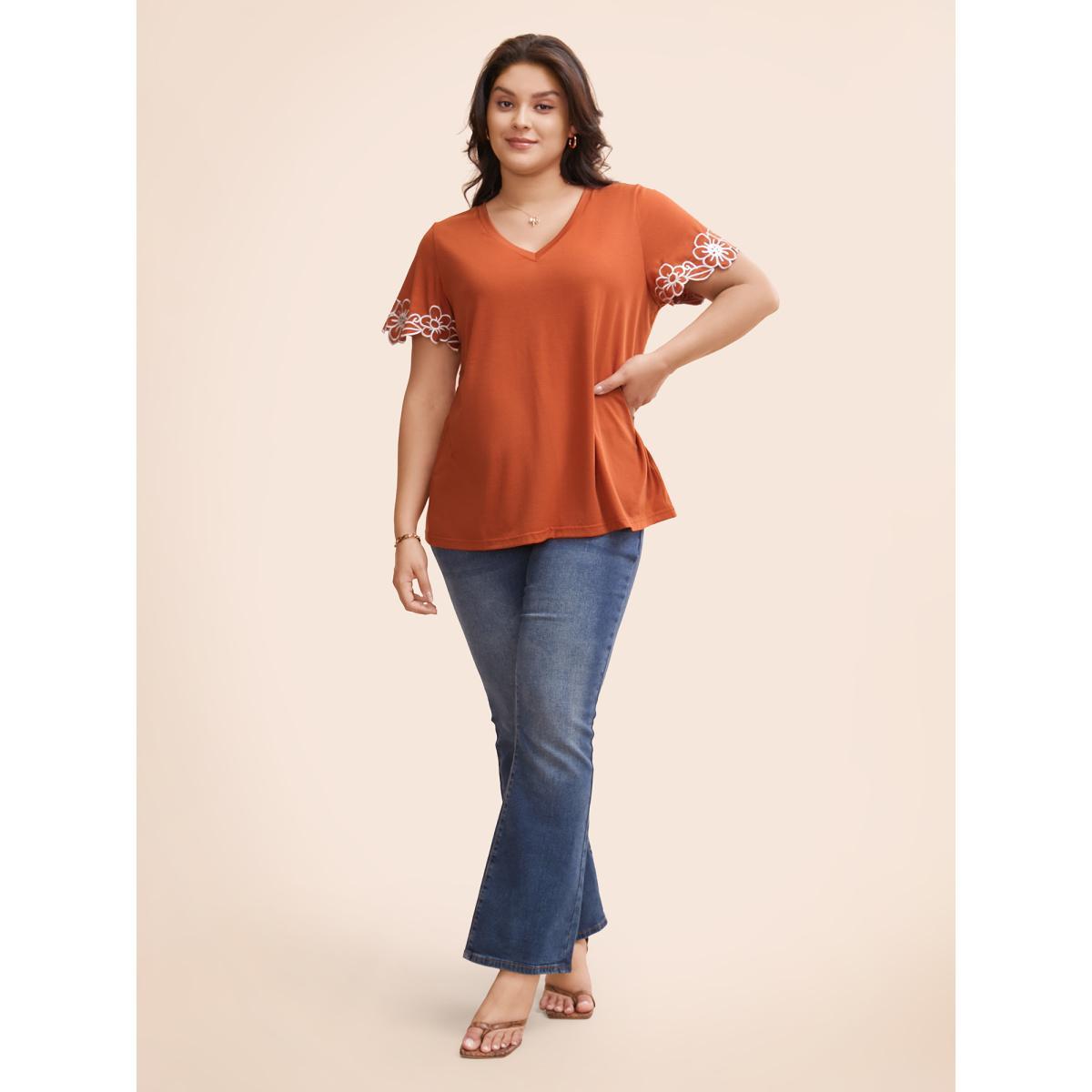 Plus Size V Neck Floral Embroidered T-shirt Rust Women Resort Embroidered V-neck Vacation T-shirts BloomChic 12/L Product Image