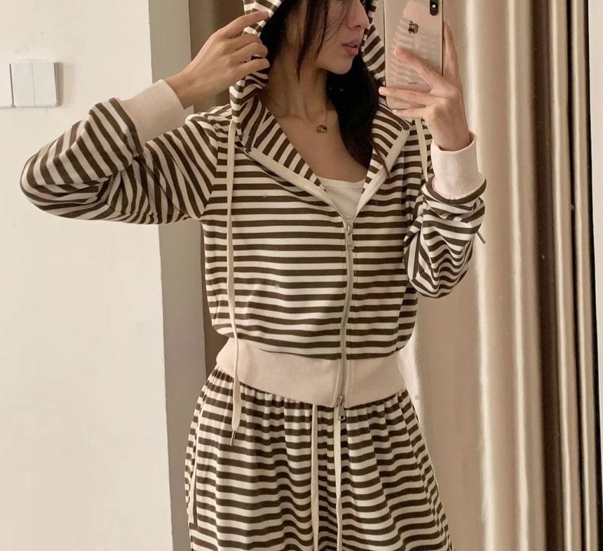 Drawstring Striped Zip Cropped Hoodie Product Image