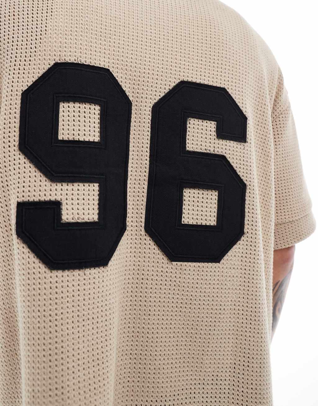 River Island crochet baseball shirt in stone Product Image