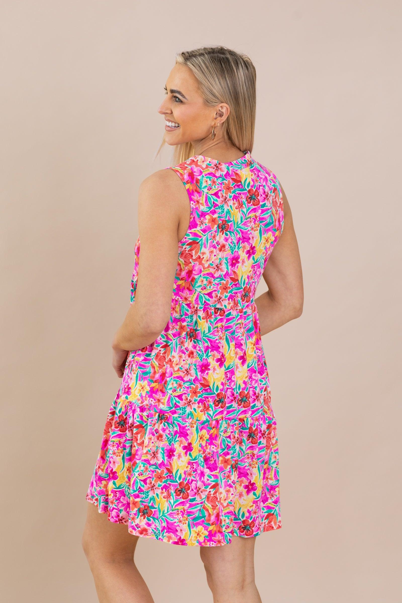 Fuchsia Floral Tiered Wrinkle Free Dress Product Image