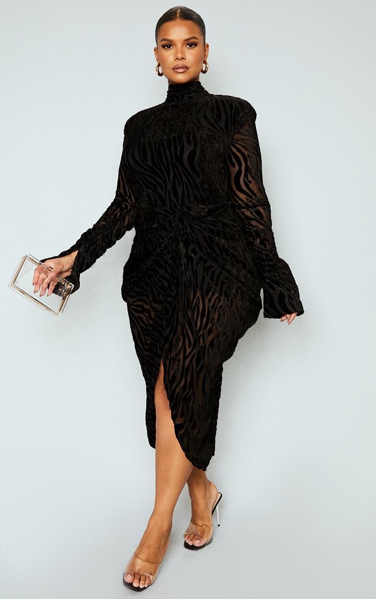 Plus Black Zebra Devore High Neck Draped Midi Dress Product Image