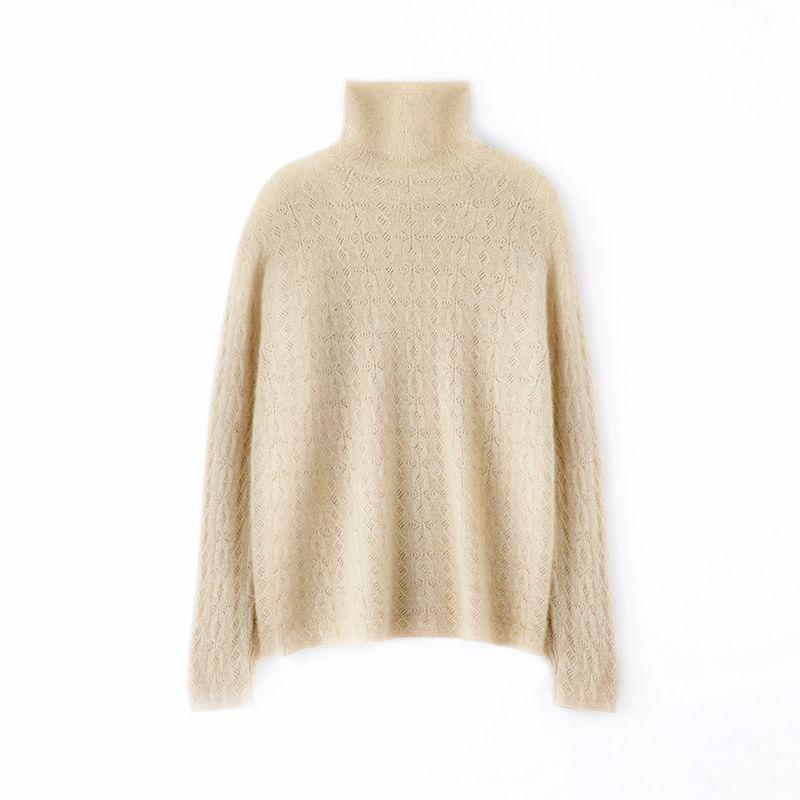 Turtleneck Plain Pointelle Sweater Product Image