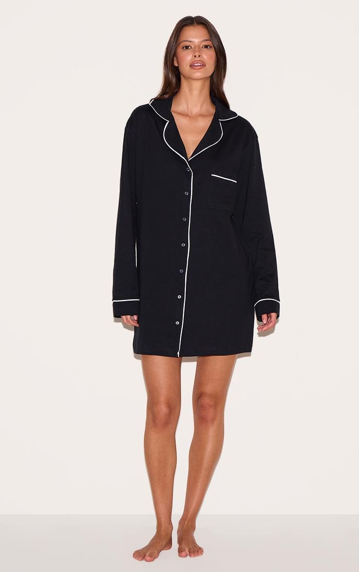 Black Jersey Piping Detail Long Sleeve Nightdress Product Image