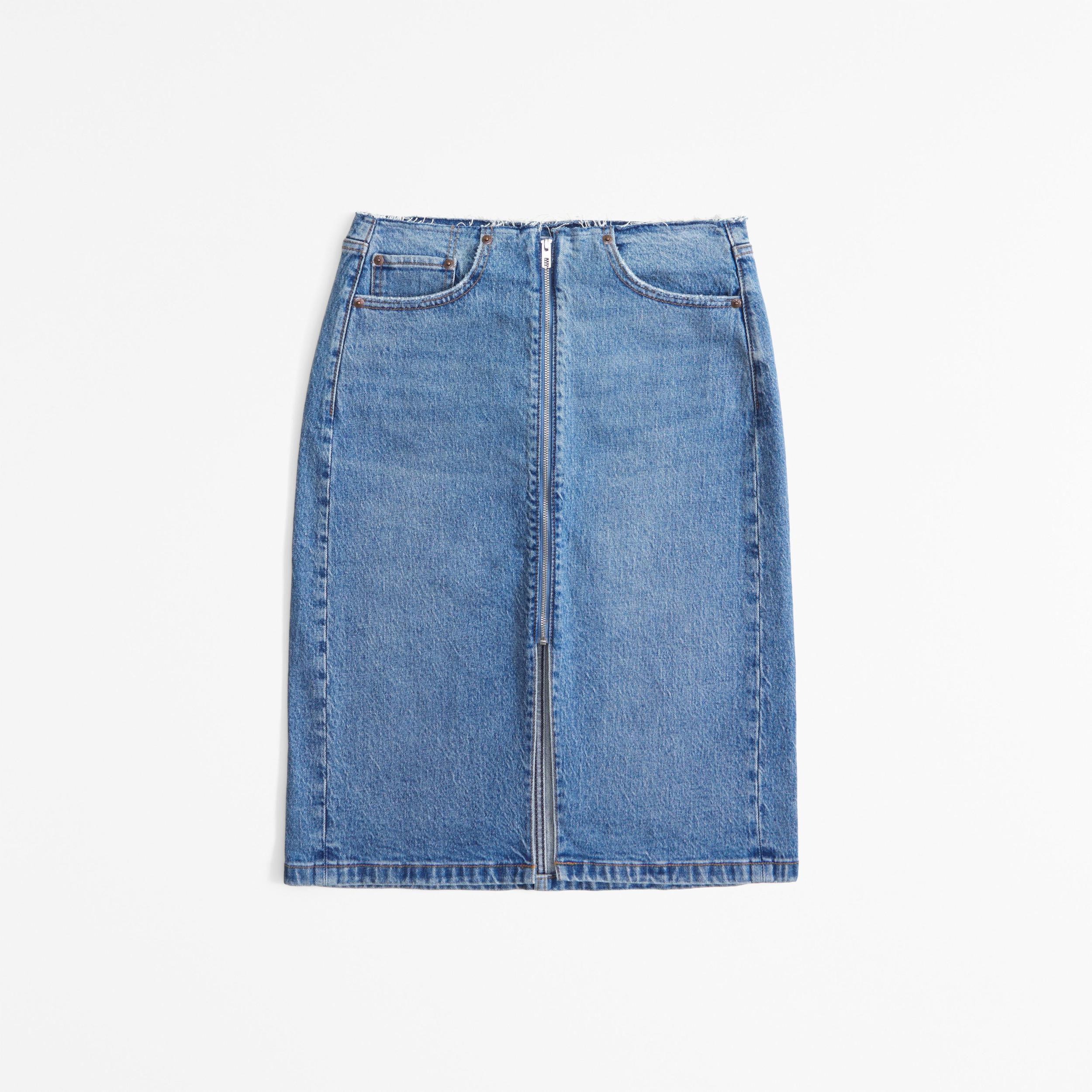 Mid Rise Denim Zip-Front Midi Skirt Product Image
