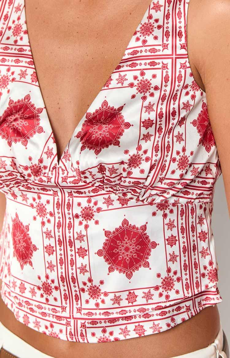 Ivory Petal Red Tile Print Top Product Image