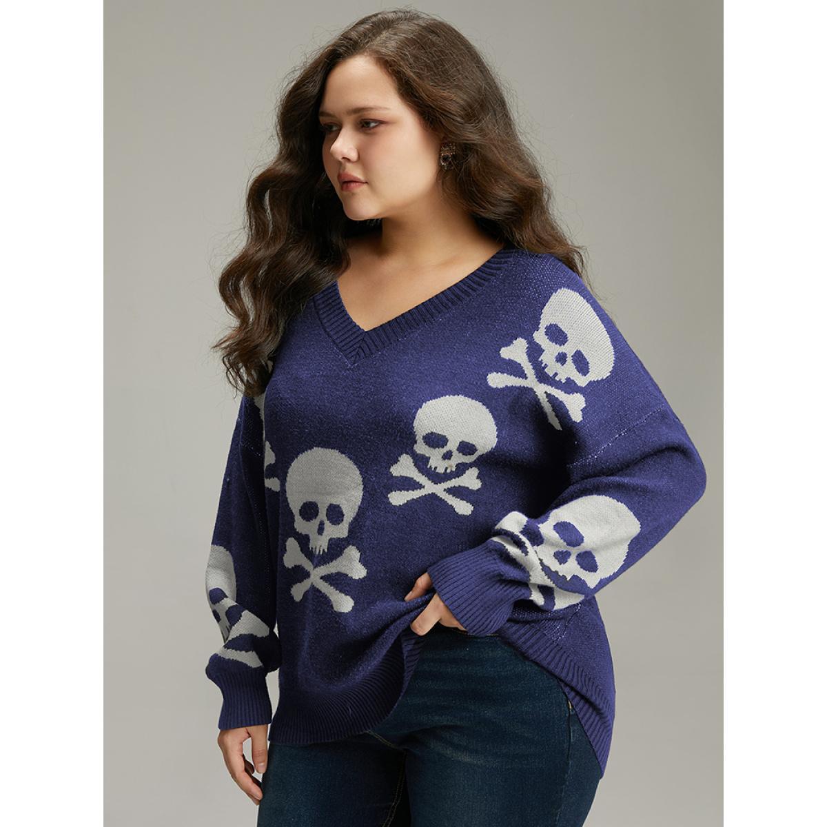 Plus Size Supersoft Essentials Halloween Skull Print V Neck Pullover Indigo Women Casual Long Sleeve V-neck Festival-Halloween Pullovers BloomChic 14-16/1X Product Image