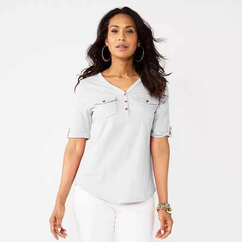 Women's Croft & Barrow® Elbow Sleeve Utility Henley Top, Size: Small, White Product Image