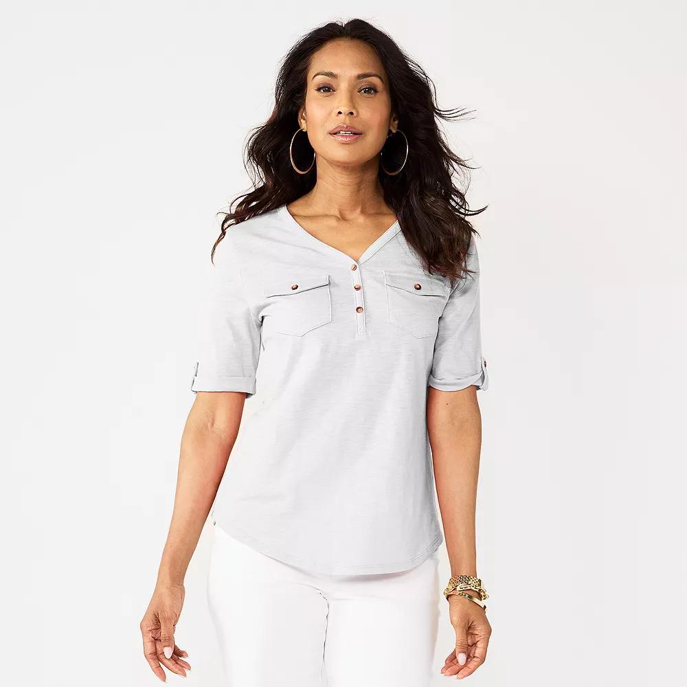 Women's Croft & Barrow® Elbow Sleeve Utility Henley Top, Size: Small, White Product Image