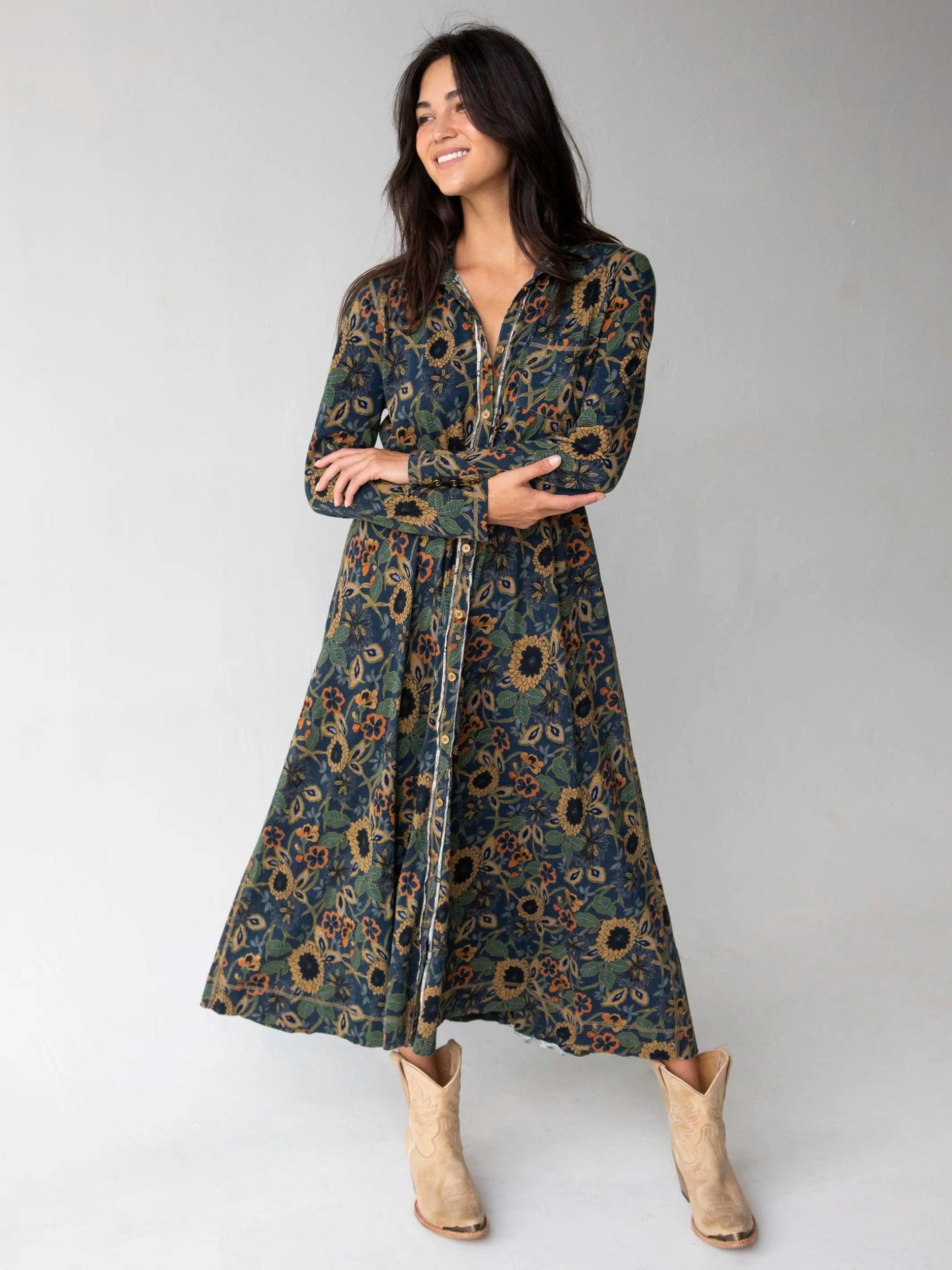 Christa Knit Cotton Maxi Dress - Navy Tan Dahlias Product Image