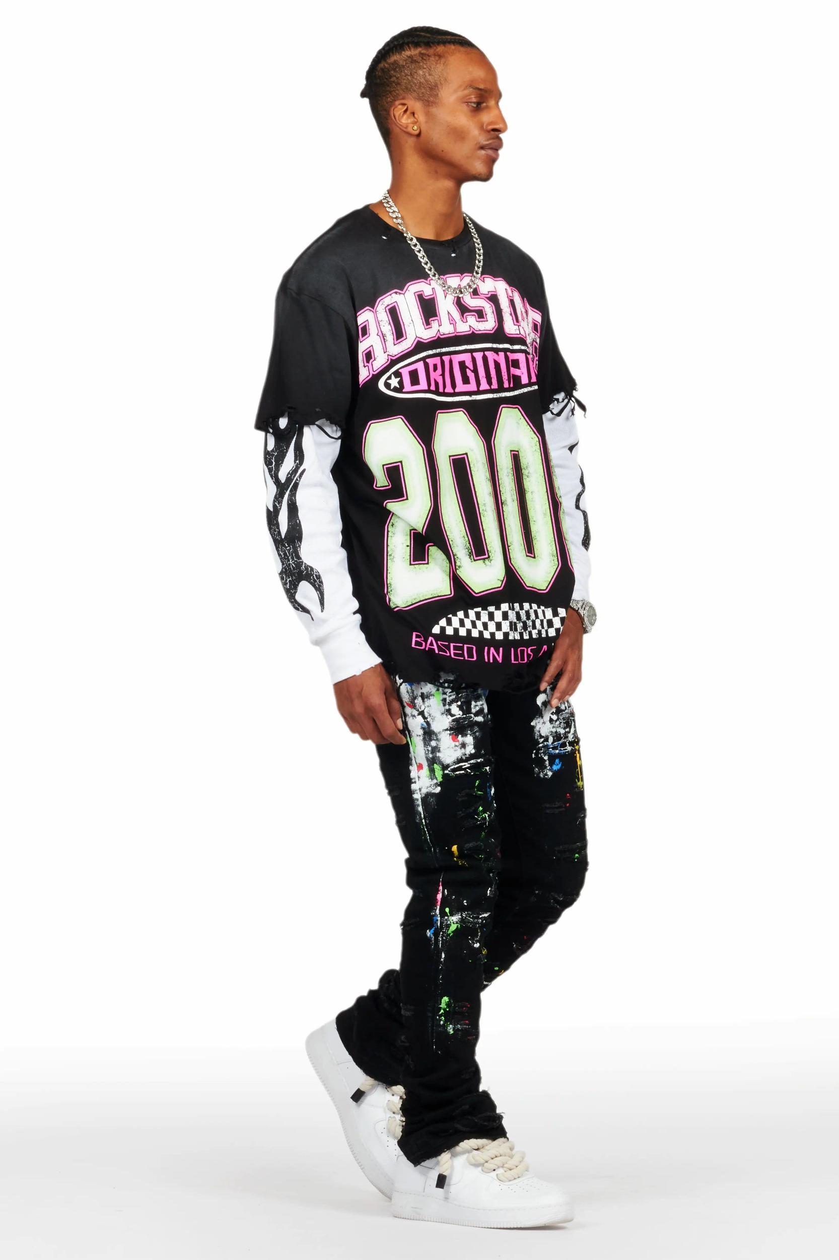Jaren Black Double Layer Long Sleeve Graphic T-Shirt Male Product Image