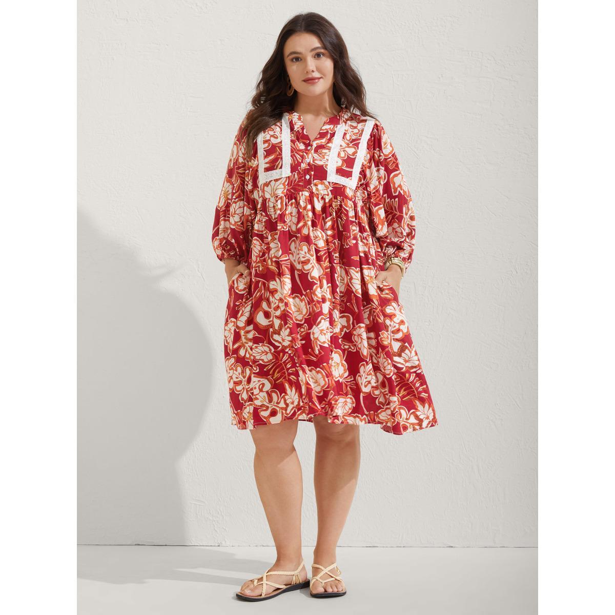 Plus Size Floral Lace Trim Button Front Midi Dress Raspberry Women Flat collar with V-notch Elbow-length sleeve Curvy BloomChic 12/L Product Image
