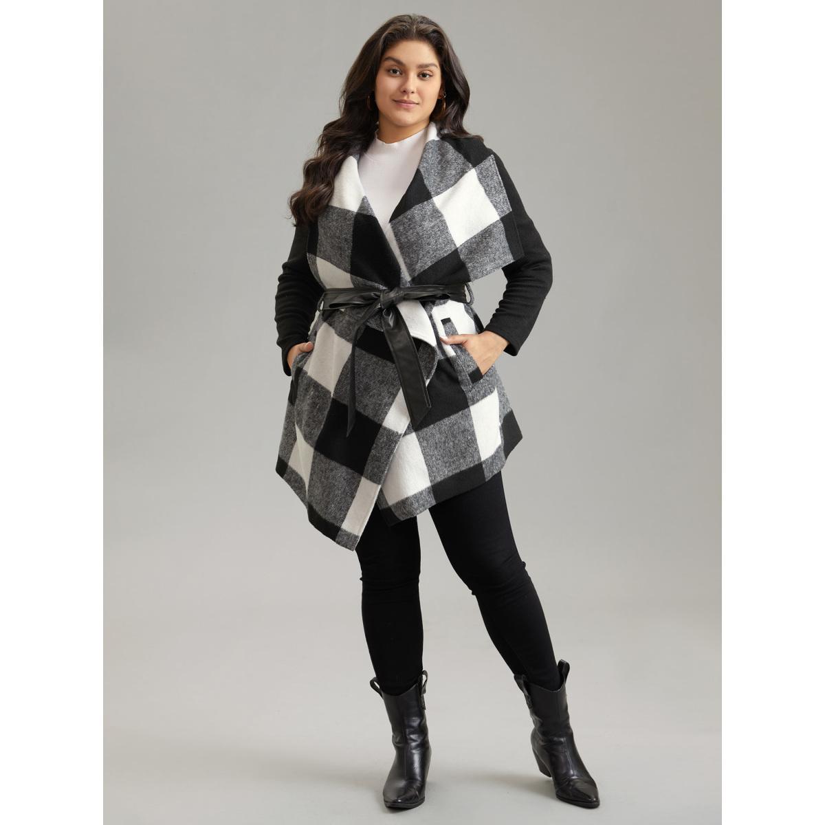 Plus Size Plaid Lapel Collar PU Leather Belted Coat Women Black Casual Belted Ladies Dailywear Winter Coats BloomChic 12/L Product Image