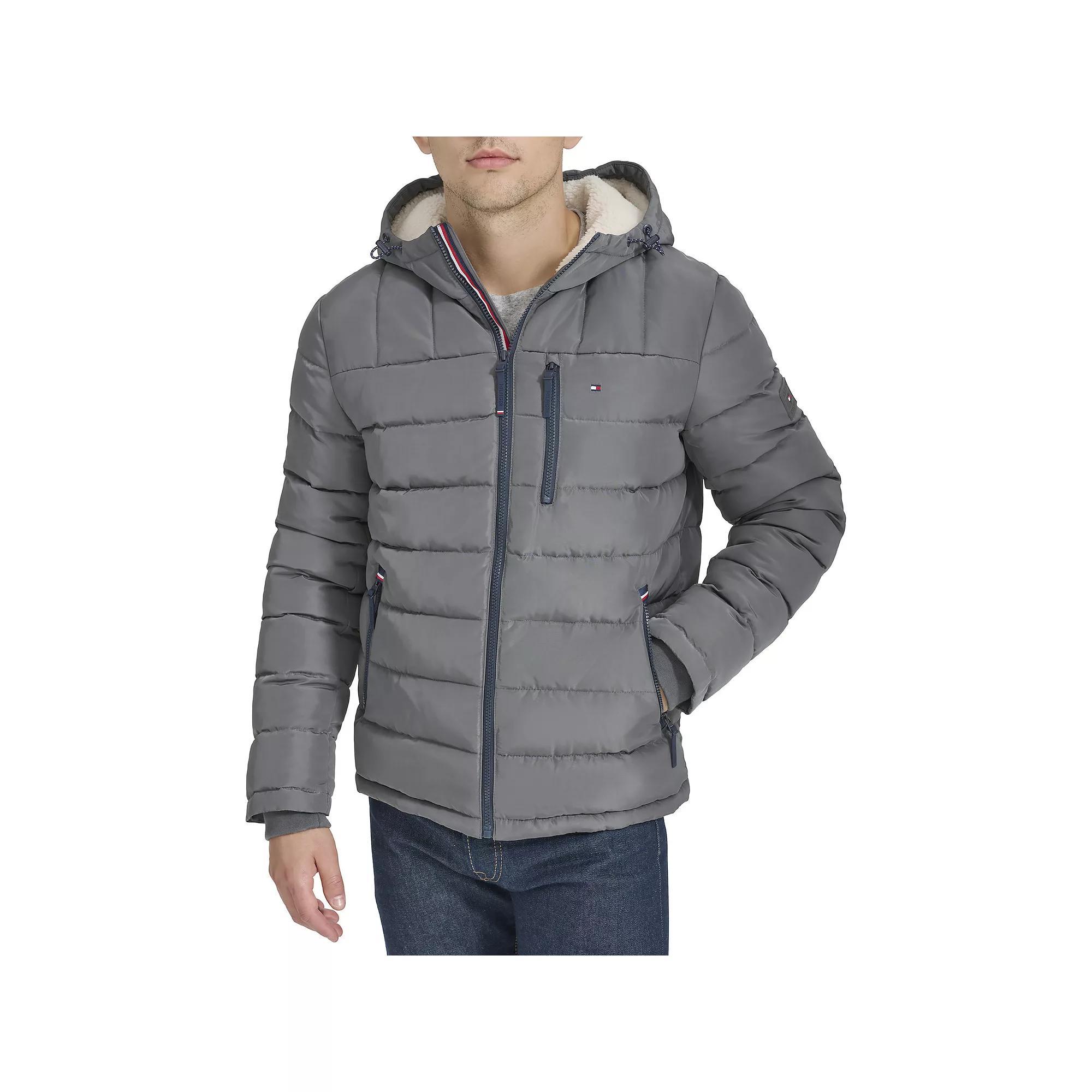 Men's Tommy Hilfiger Hooded Puffer Jacket with Sherpa Lined Hood, Size: Medium, Blue Colorblock Product Image