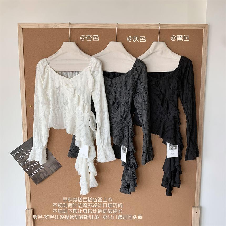 Long-Sleeve Scoop Neck Plain Ruffle Trim Asymmetrical Top Product Image