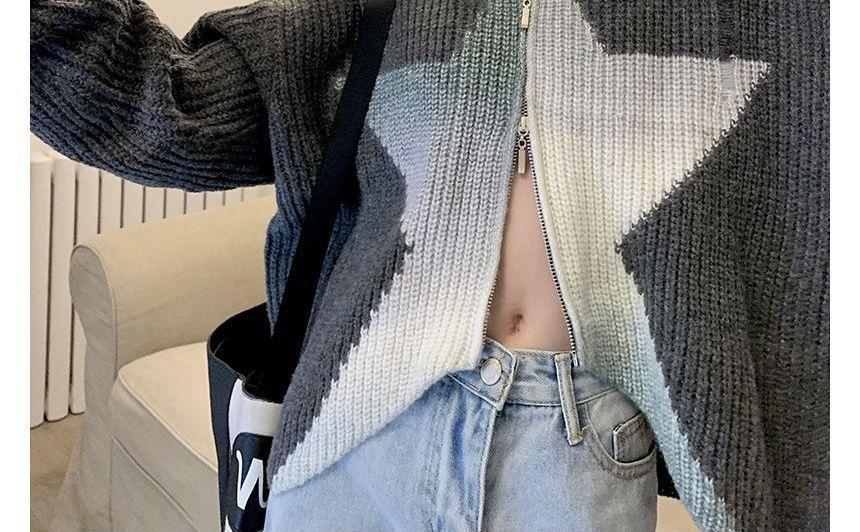 Long-Sleeve Double Zip Star Jacquard Hooded Knit Jacket Product Image