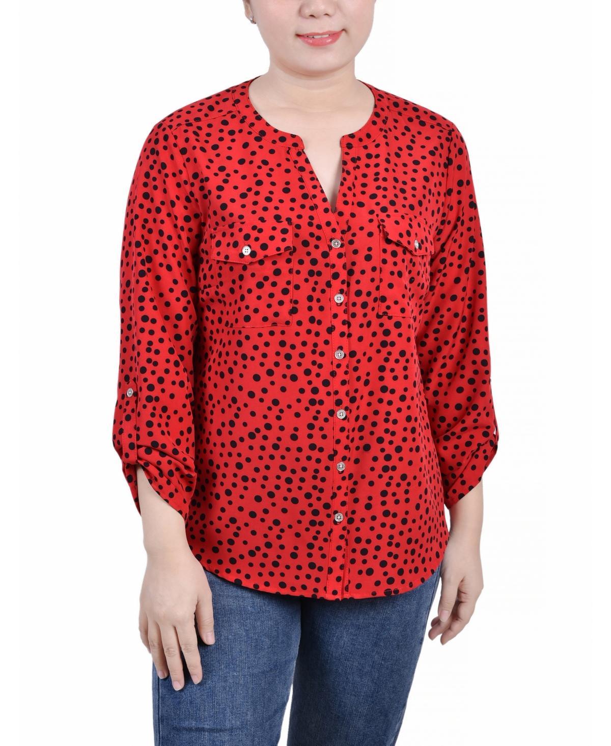 Petite 3/4 Sleeve Roll Tab Y Neck Blouse Product Image