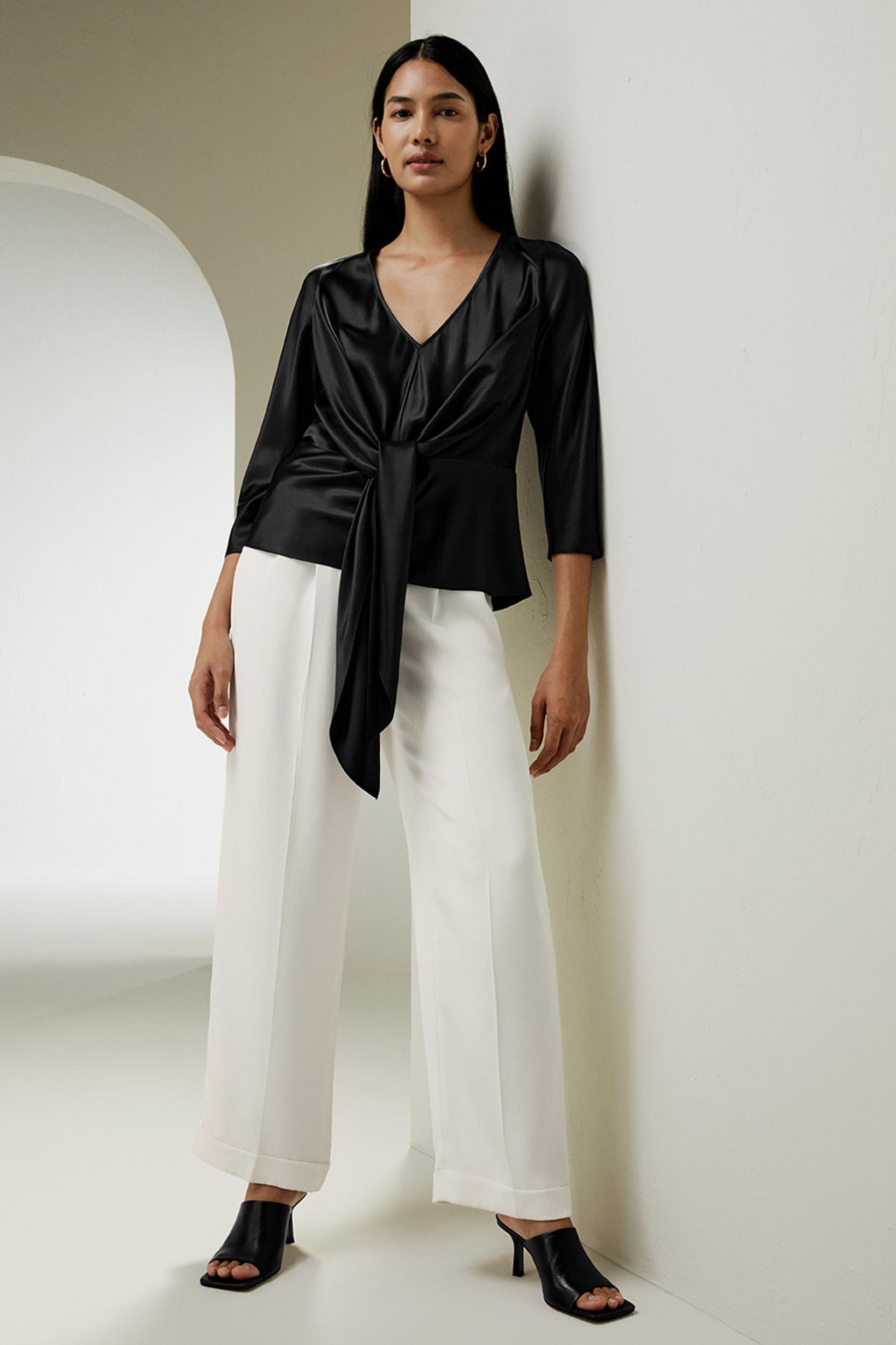 V Neck Silk Blouse with Waist Tie Product Image