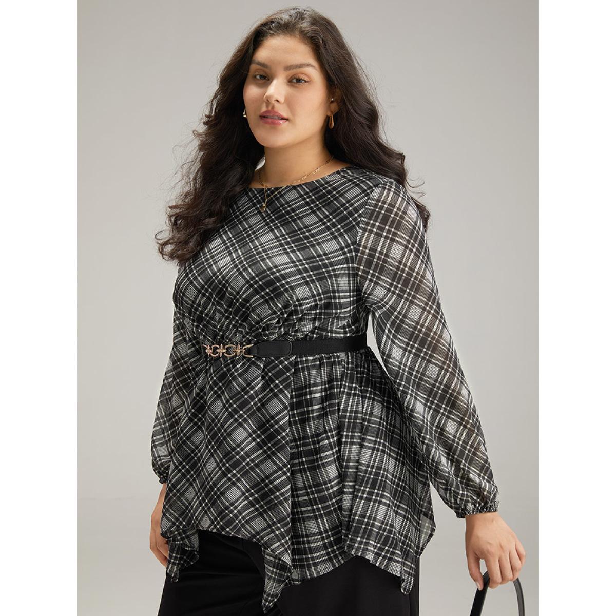 Plus Size Black Plaid Chiffon Lantern Sleeve Hanky Hem Blouse Women Office Long Sleeve Round Neck Work Blouses BloomChic 30/6X Product Image