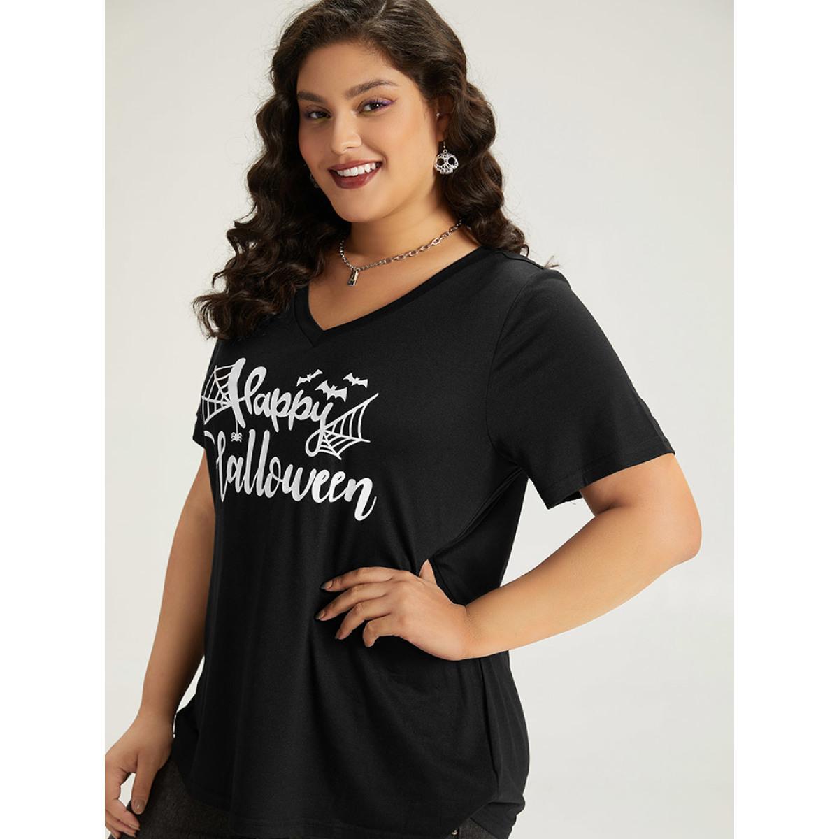 Plus Size Halloween Letter Print V Neck T-shirt Black Women Casual Printed Halloween Festival-Halloween T-shirts BloomChic 12/L Product Image