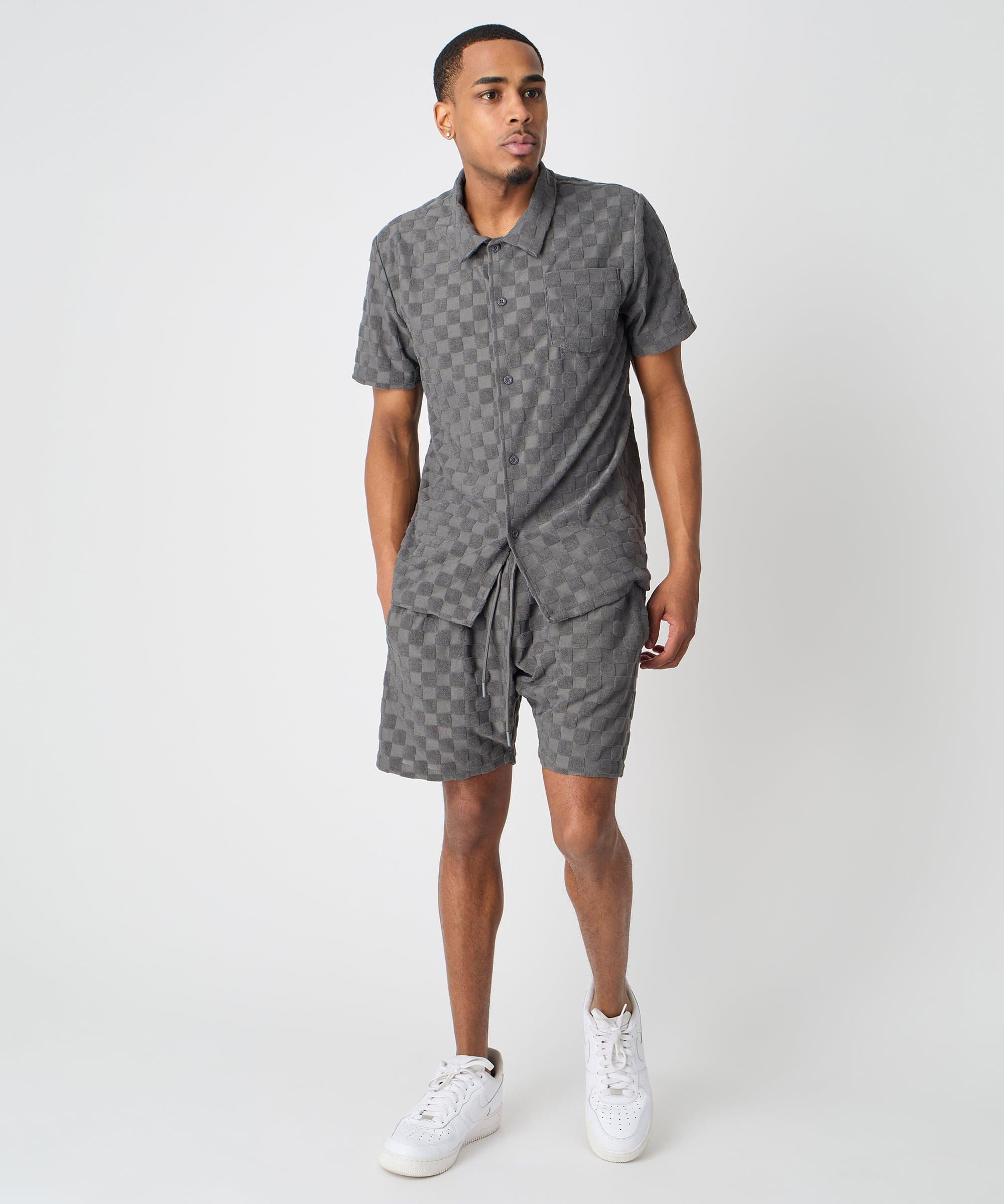 Checkerboard Towel Color Blocked Short Sleeve Button Down Shirt - Grey Product Image