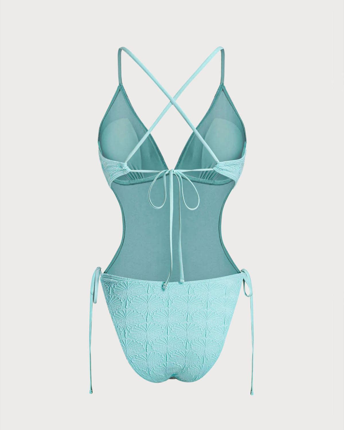 Blue Textured Bralette One-Piece Swimsuit Product Image