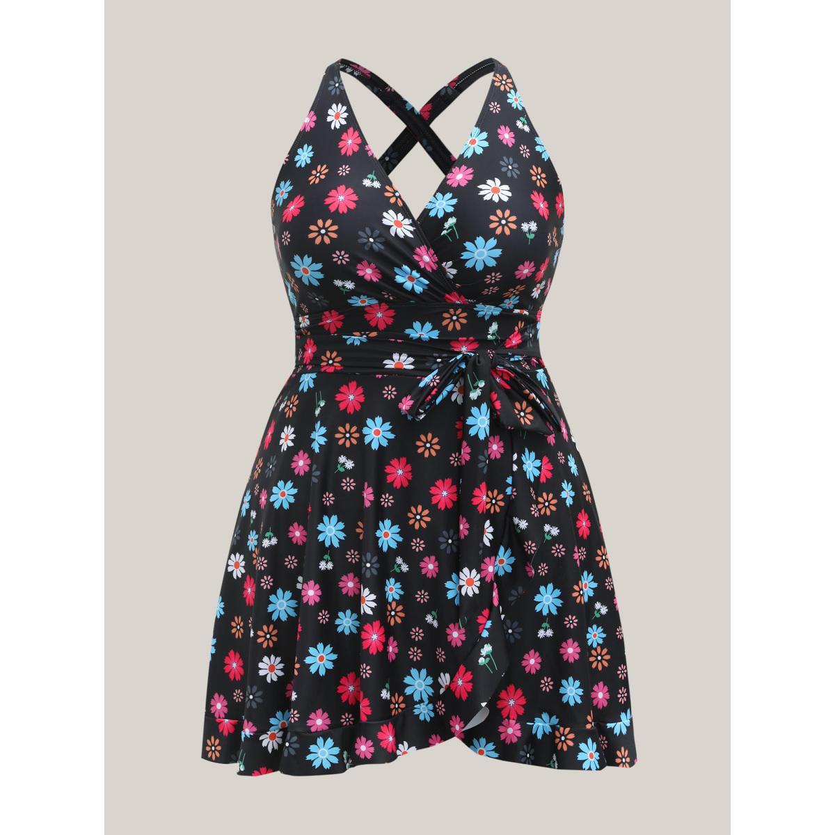 Plus Size Colorful Floral Print Fit Flare Swim Dress Women's Swimwear Black Beach Bodycon Overlap Collar High stretch Curve Swim Dresses BloomChic 28/5X Product Image