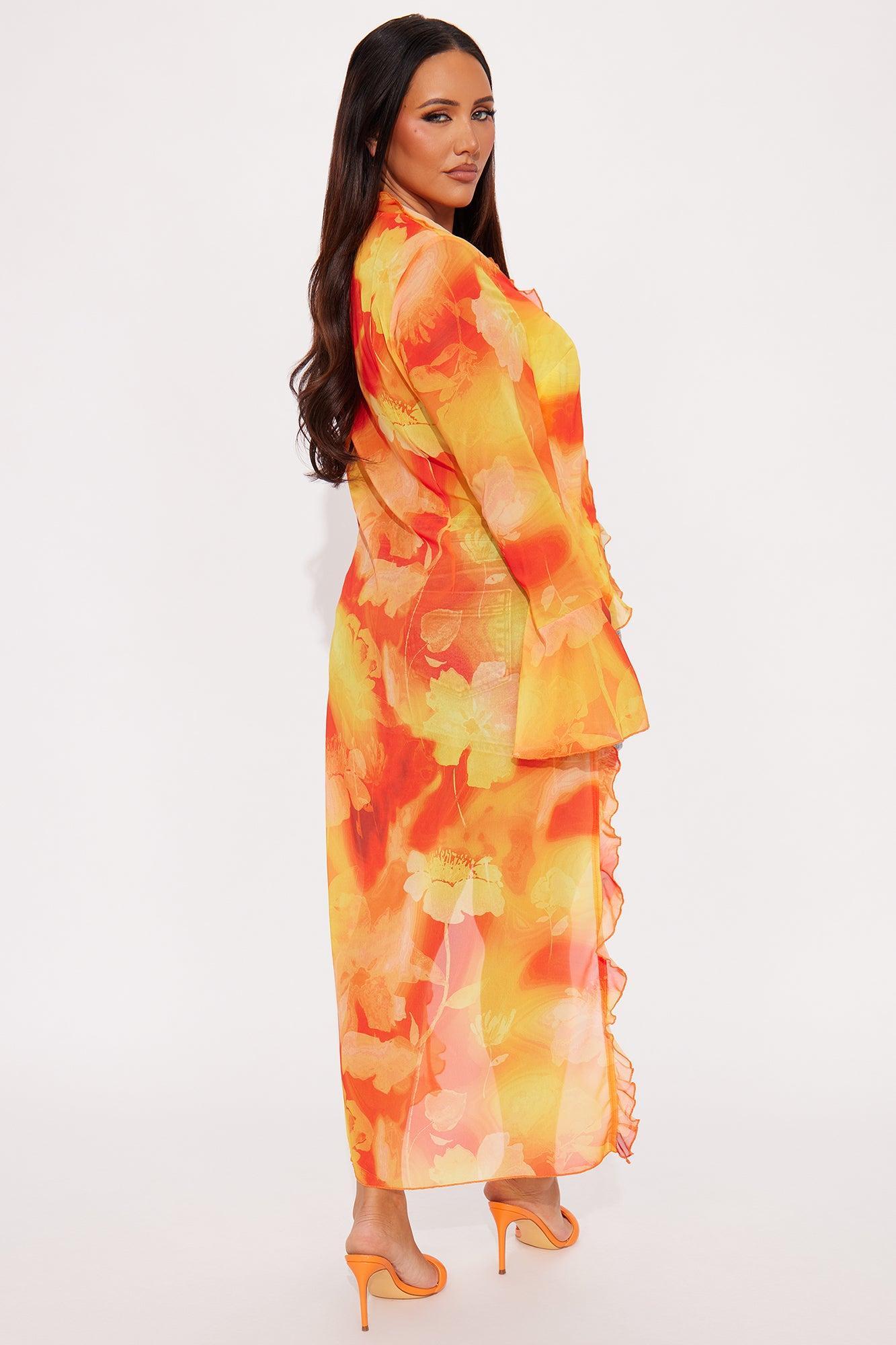 Floral Escape Chiffon Tie Front Maxi Top - Orange/combo Product Image