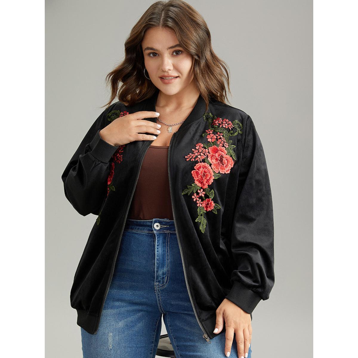 Plus Size Velvet Floral Embroidered Zipper Pocket Bomber Jacket Women Black Contrast Pocket Dailywear Jackets BloomChic 26/4X Product Image