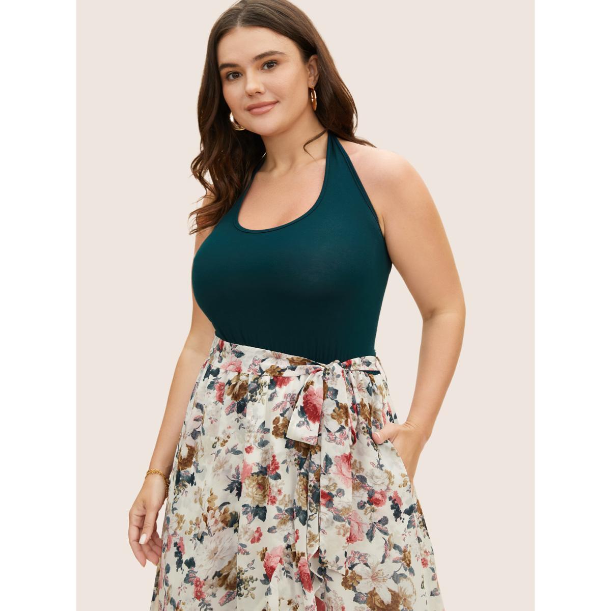 Plus Size Halter Neck Patchwork Floral Belted Dress DarkGreen Women Elegant Halter neck Sleeveless Curvy BloomChic 30/6X Product Image
