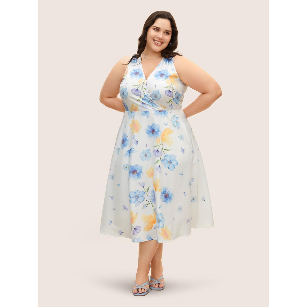 Plus Size Overlap Collar Watercolor Floral Sleeveless Dress Skyblue Women Elegant Non Overlap Collar Sleeveless Curvy BloomChic 22-24/3X Product Image