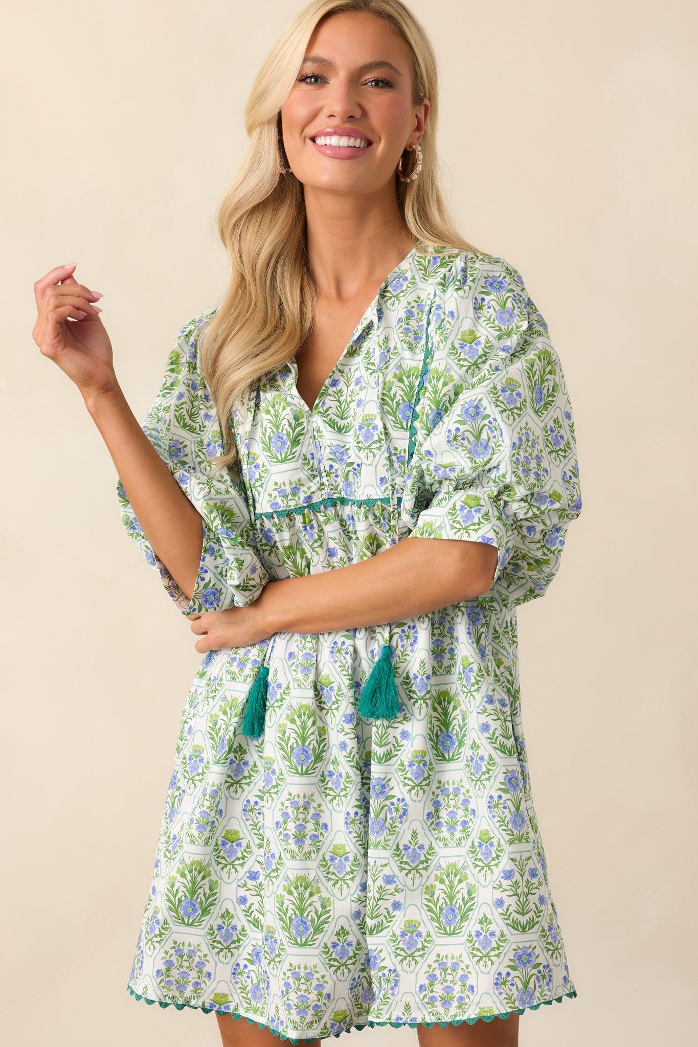 A Little Something Green Geometric Floral Cotton Mini Dress Product Image