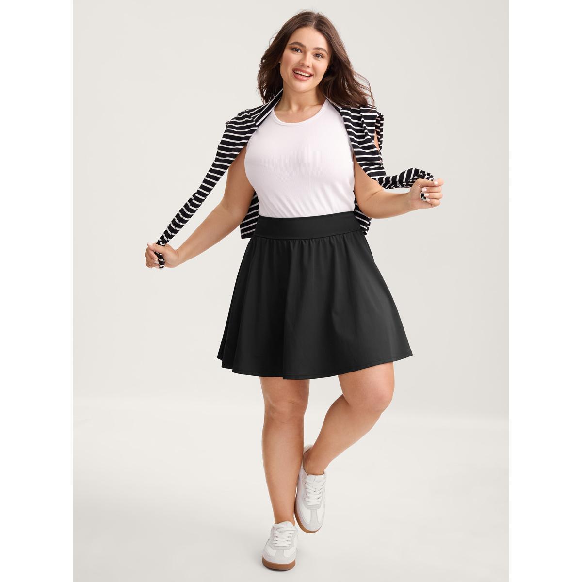 Plus Size Wide Stretchy Waist Flared Midi Skirt Women Black Loose Medium stretch Side seam pocket Everyday-Casual Skirts BloomChic 14-16/1X Product Image
