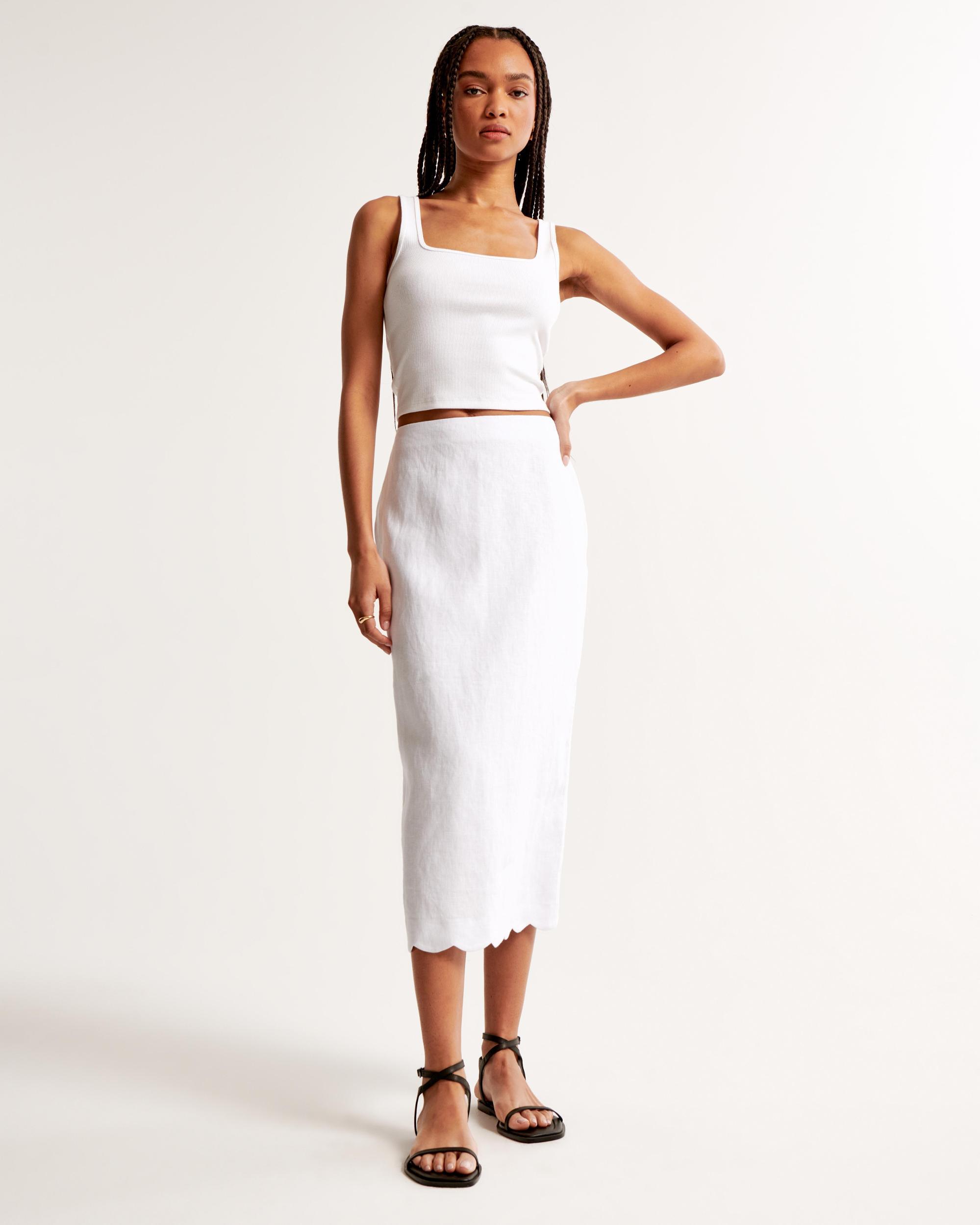 Premium Linen Scallop-Hem Midi Skirt Product Image
