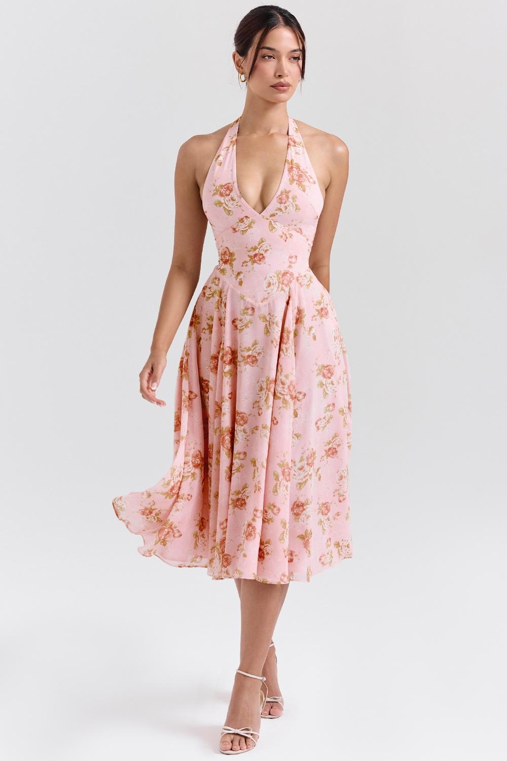 Solada English Vintage Rose Print Georgette Halter Sundress Product Image