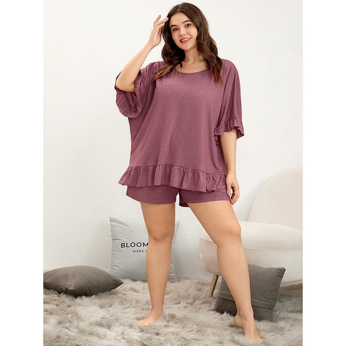 Plus Size Plain Round Neck Ruffle Trim Sleep Top Women Russet Elegant Plain Ruffles Round Neck Loungewear BloomChic 28/5X Product Image