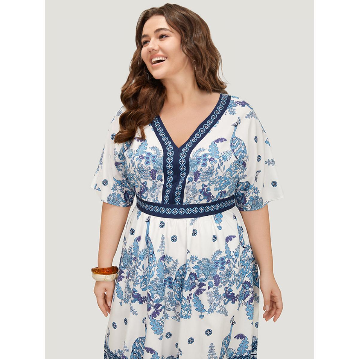 Plus Size Bandana Print Ruffles Pocket Batwing Sleeve Dress Indigo Women Vacation Lined V-neck Half Sleeve Curvy Midi Dress BloomChic 22-24/3X Product Image