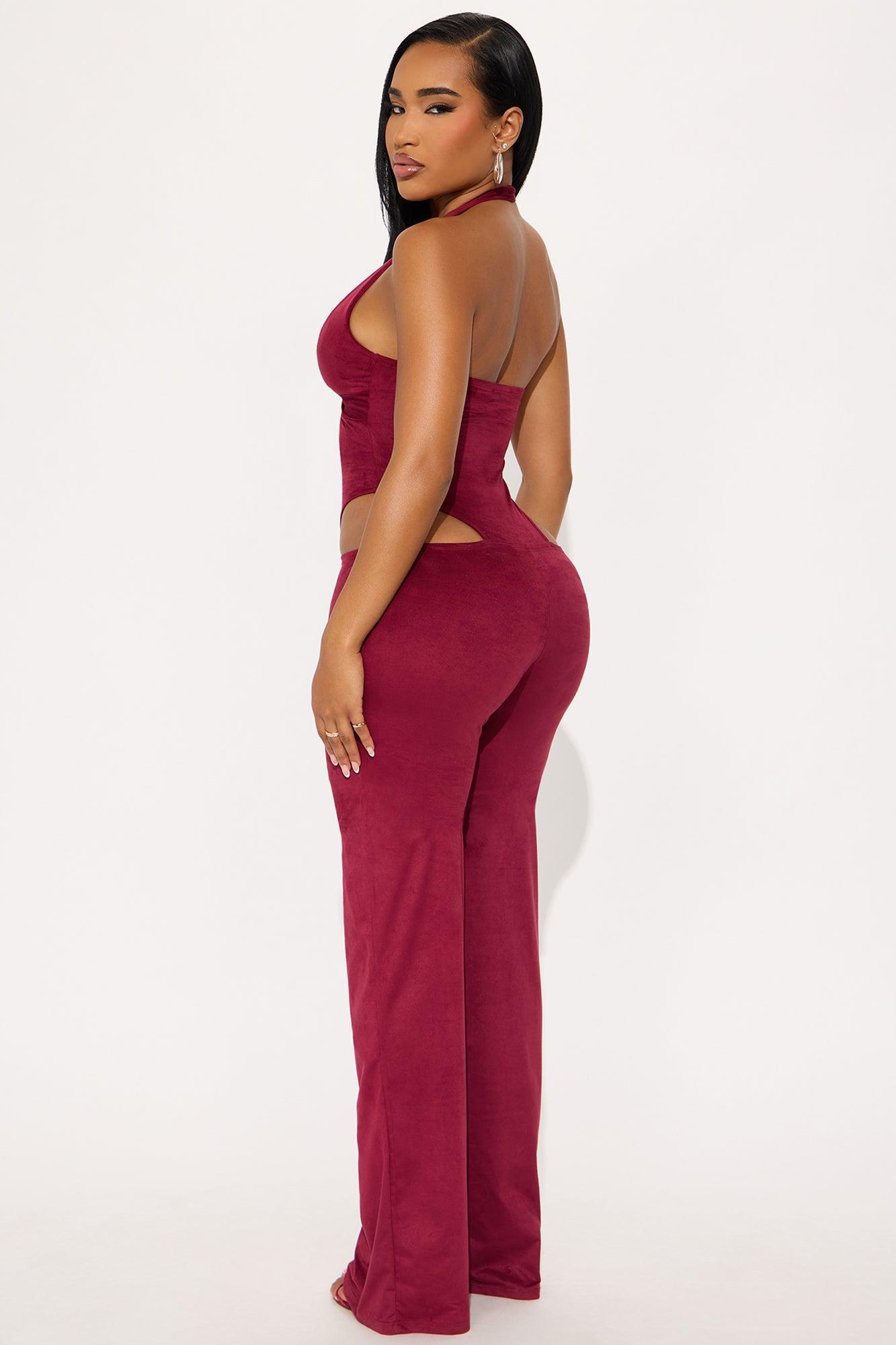 Lianna Faux Suede Halter Jumpsuit - Burgundy Product Image