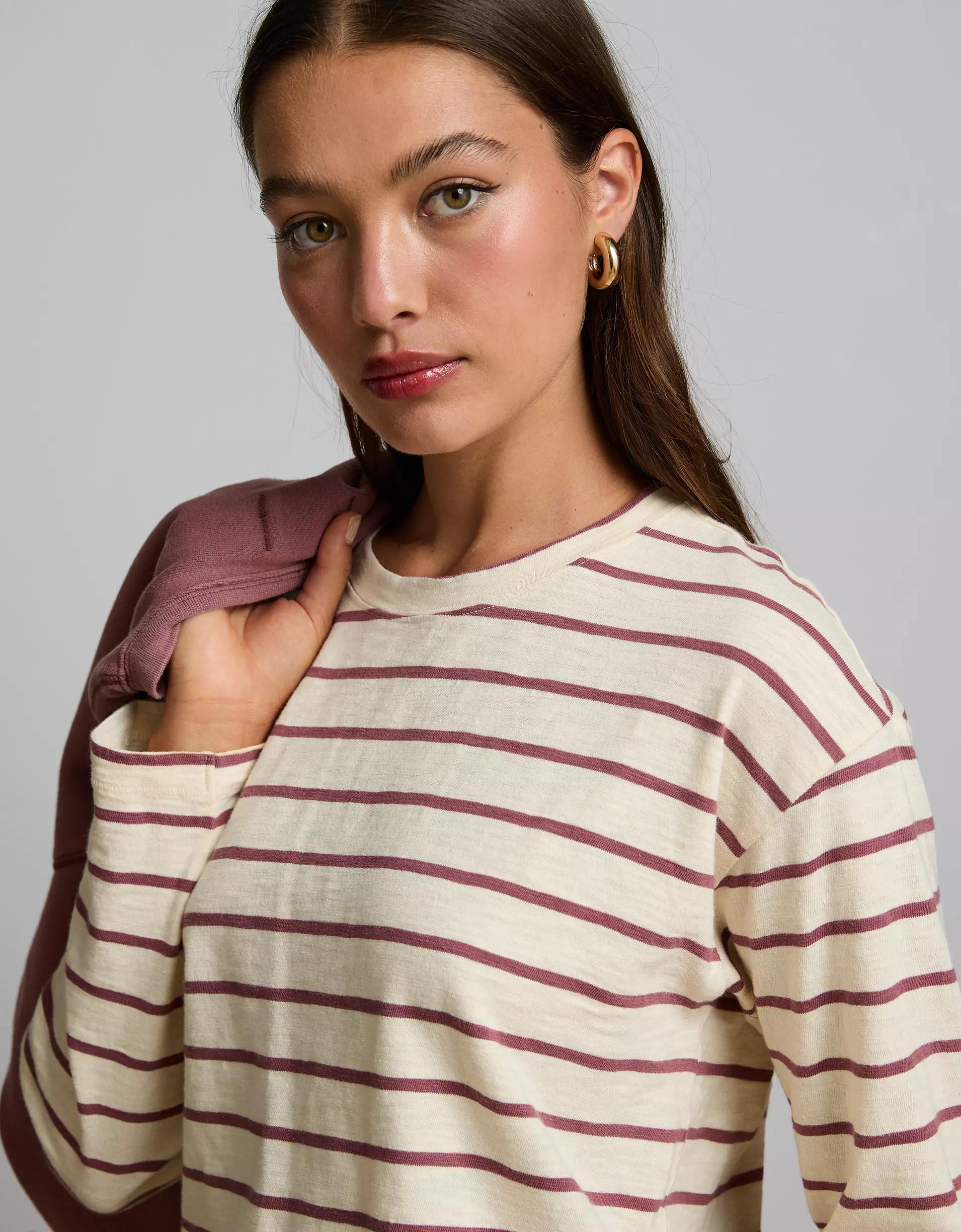 AE77 Premium Long-Sleeve Boxy Striped T-Shirt Product Image