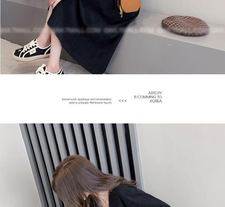 Puff-Sleeve V-Neck Plain Button-Up Midi A-Line Dress Product Image