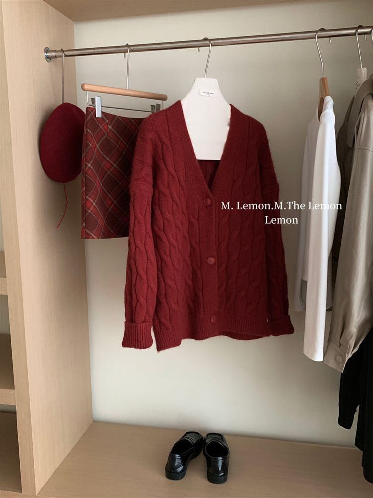 V-Neck Cable Knit Oversized Cardigan Product Image