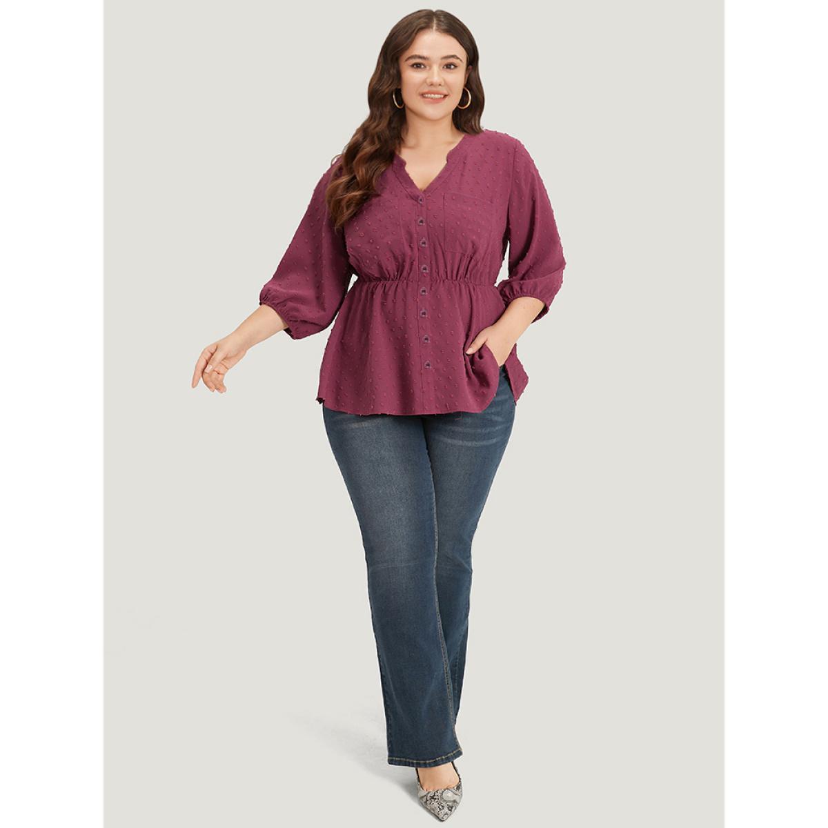 Plus Size Purple Plain Notched Button Through Lantern Sleeve Blouse Women Office Elbow-length sleeve Notched collar Work Blouses BloomChic 10/M Product Image