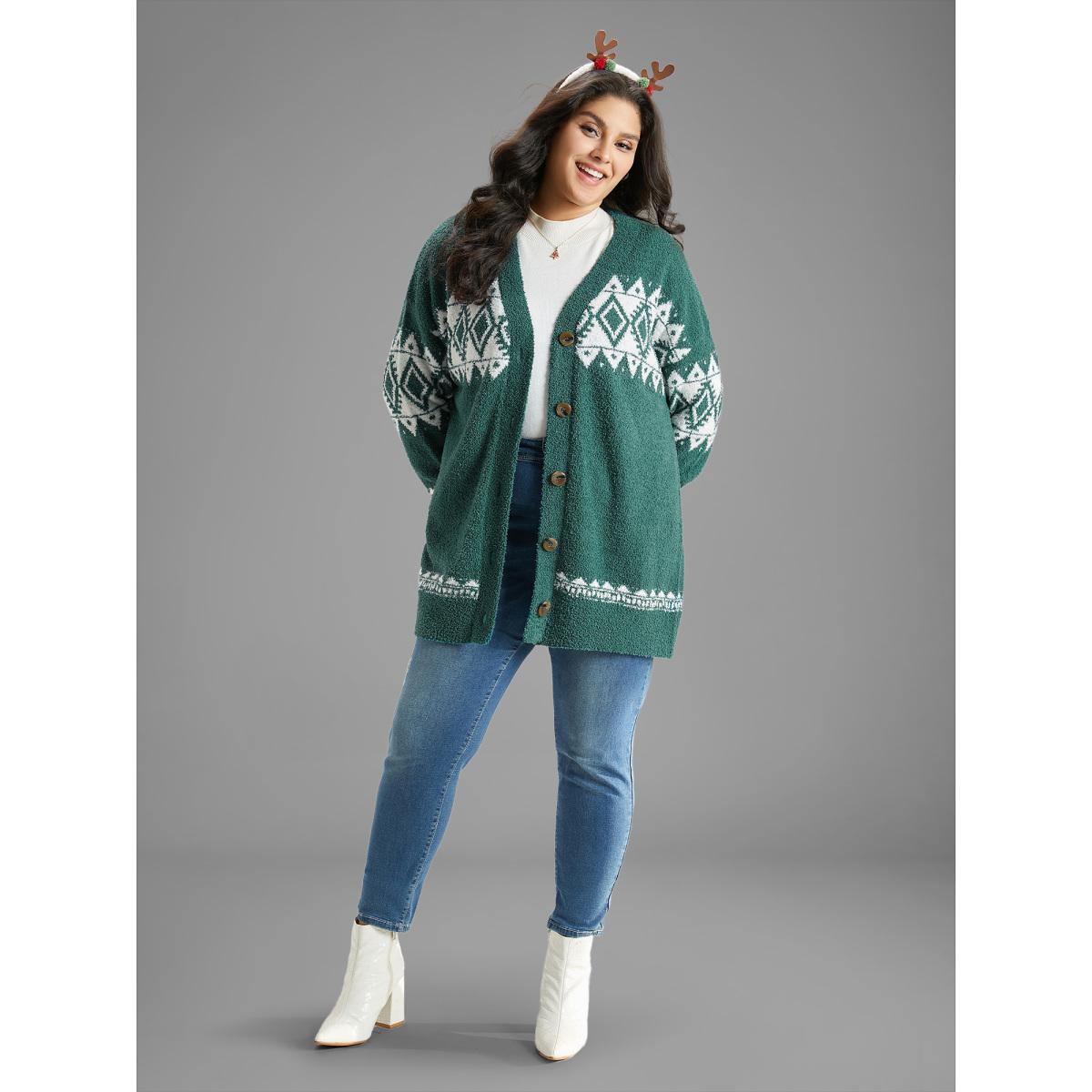 Plus Size Fuzzy Geo Graphic Button Fly Cardigan DarkGreen Women Casual Loose Long Sleeve Festival-Christmas Cardigans BloomChic 12/L Product Image