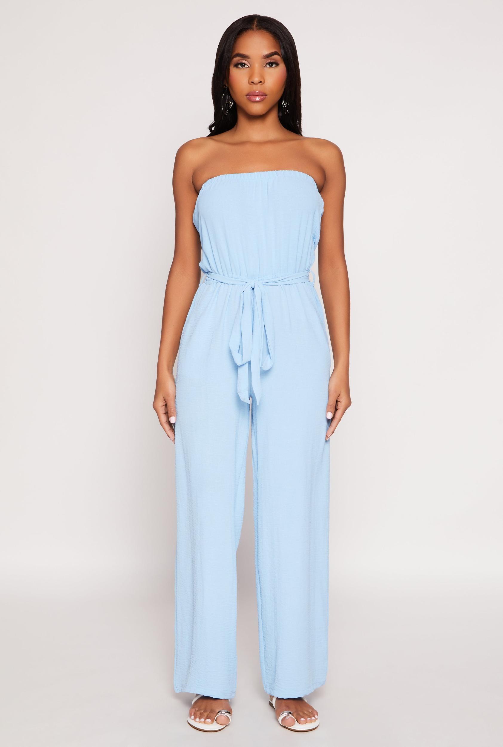 Womens Crepe Knit Tie Waist Strapless Jumpsuit Product Image