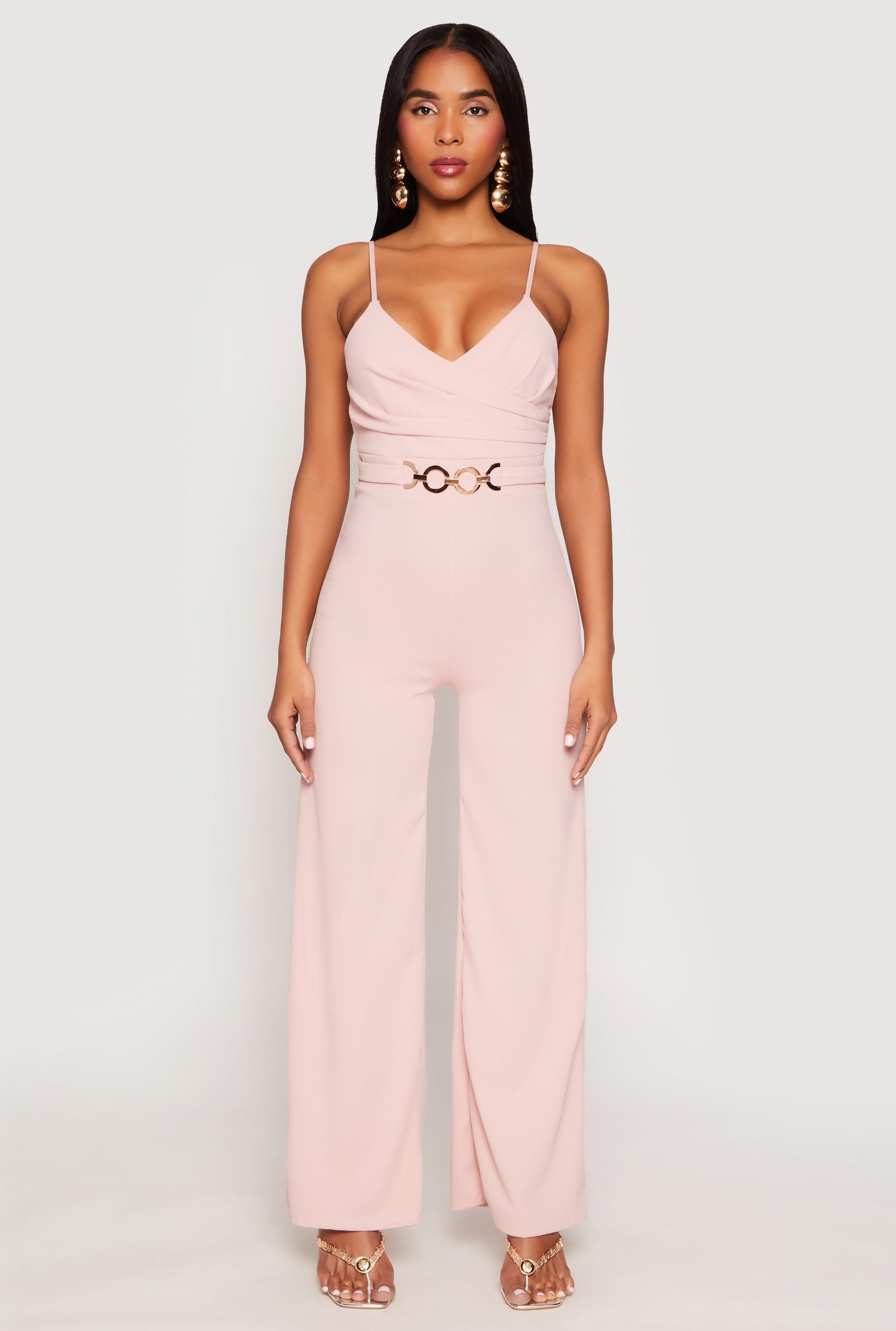 Womens Crepe Knit Chain Belted Front Jumpsuit Product Image