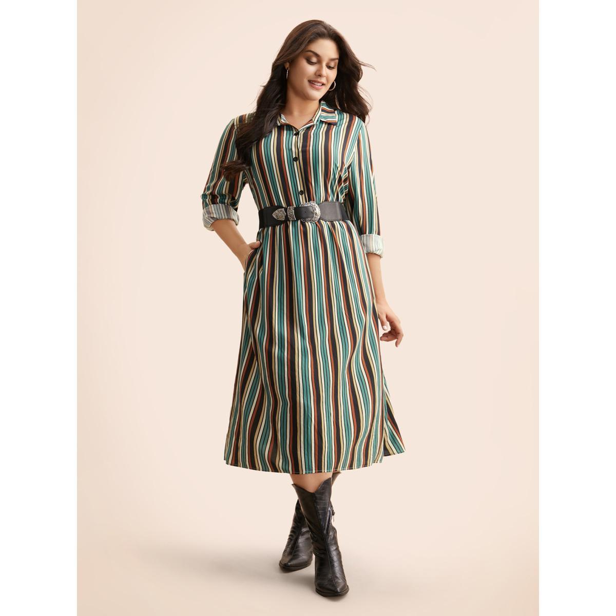 Plus Size Shirt Collar Contrast Striped Midi Dress Multicolor Women Casual Button Shirt collar Long Sleeve Curvy BloomChic 10/M Product Image