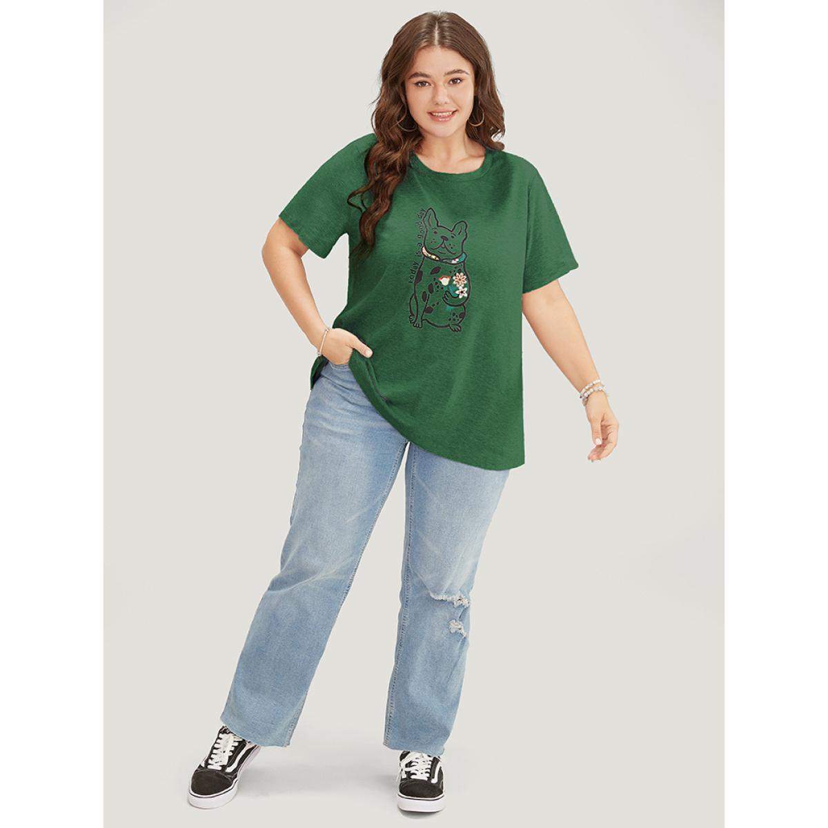 Plus Size Cartoon Dog & Floral Print Short Sleeve T-shirt ArmyGreen Women Casual Plain Natural Flowers Dailywear T-shirts BloomChic 10/M Product Image