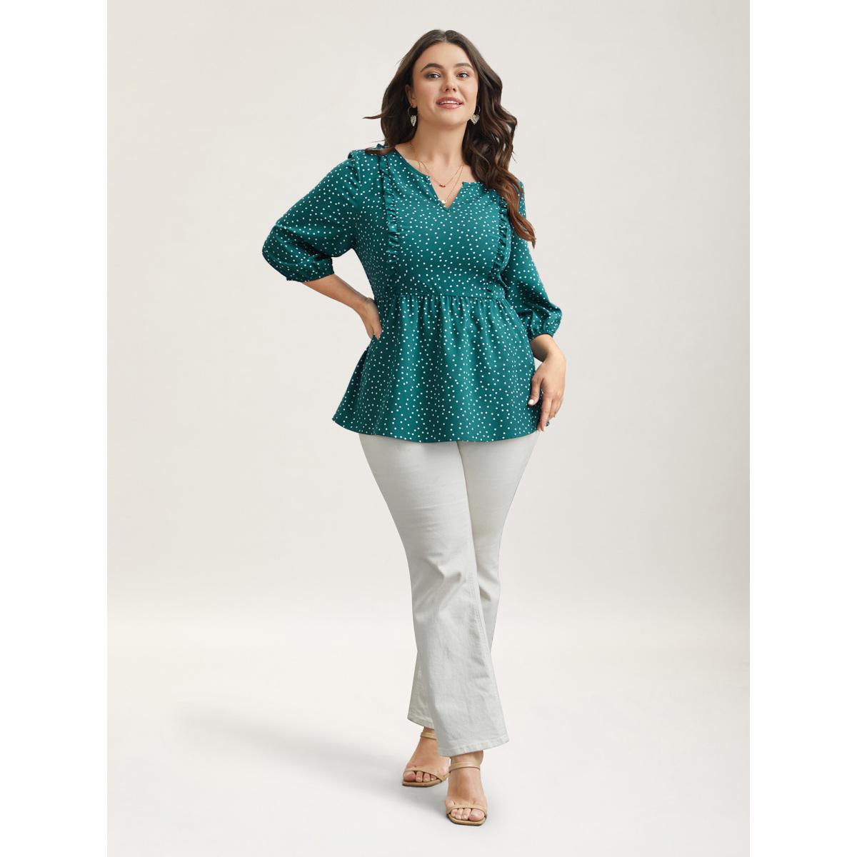 Plus Size Teal Polka Dots Ruffled Edged Stretchy-Waist Shirt Women Elegant Elbow-length sleeve Notched collar Everyday Blouses BloomChic 10/M Product Image